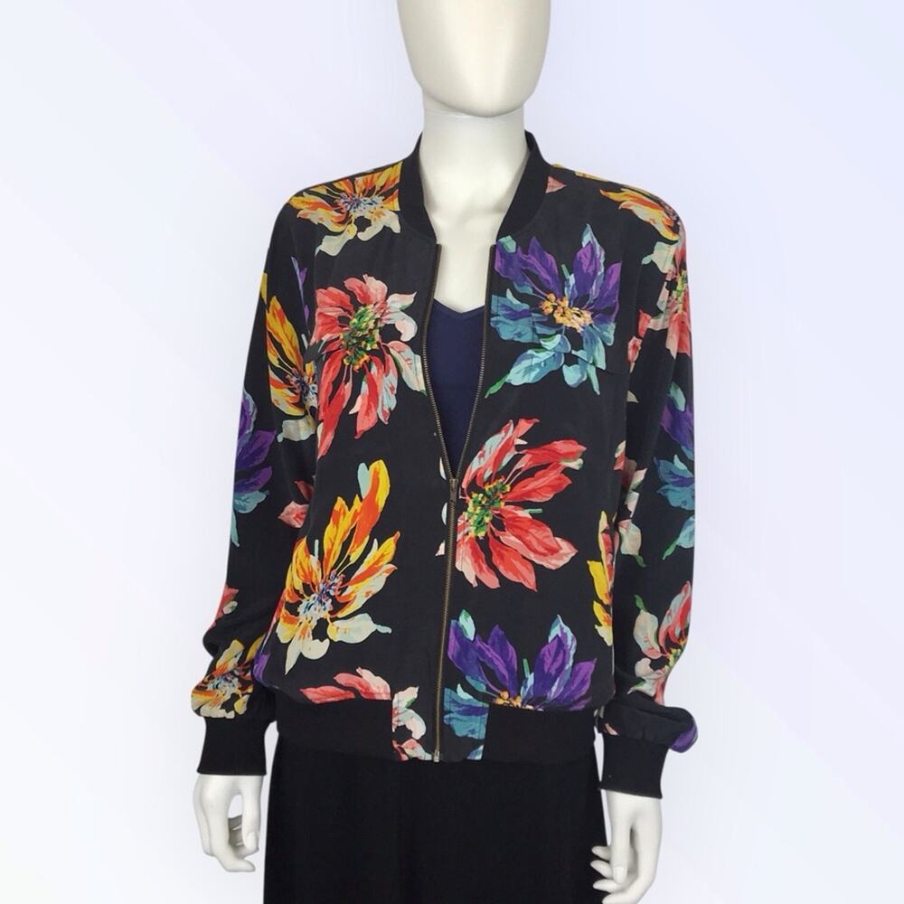 Equipment NWOT Floral Bomber 100% Silk Jacket  Black Purple Blue & Pink